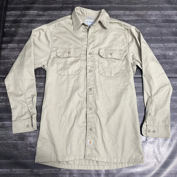 CARHARTT MENS KHAKI BEIGE TAN UTILITY BUTTON UP SHIRT POCKETS OUTDOOR STREETWEAR - Picture 1 of 4